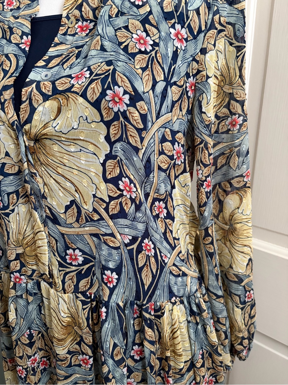 H&M / Morris & Co., Floral Tiered Long Sleeve Maxi Dress in Navy and Gold - Picture 3 of 6